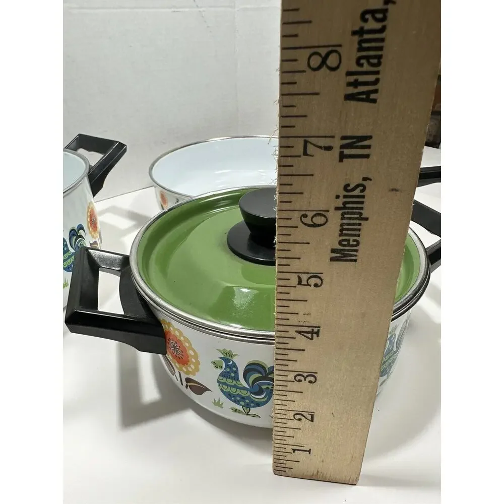 Vtg Lot 3 Enamel Stock Pots Rooster & Poppy Flower‎ 60s 70s Saucer Fry MCM RARE
